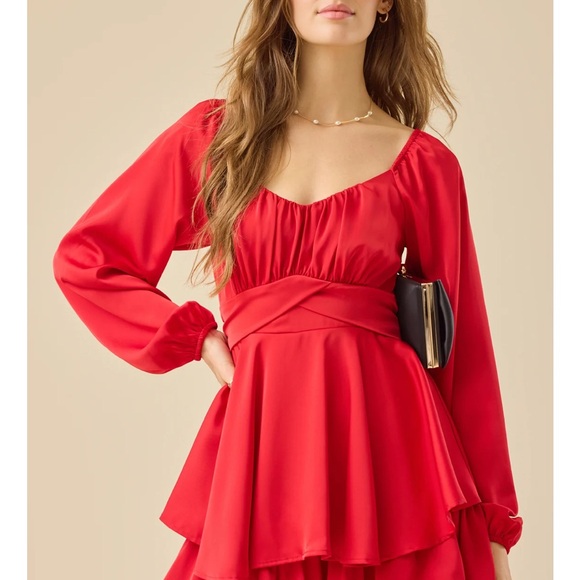 B Darlin Vibrant Red Long Sleeve Dress - Picture 1 of 8